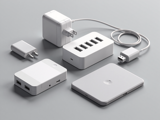 快充充电器，白色外壳，USB-C接口，白色背景